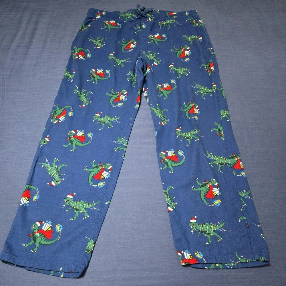 Old Navy Pajama Pants Mens 2XL Blue Flannel Dinosaur Christmas Print Lounge